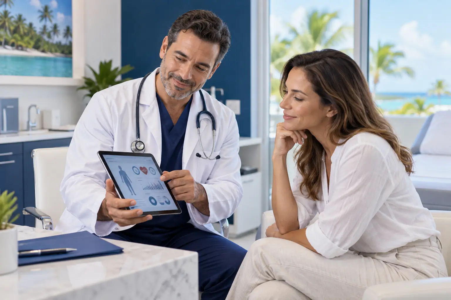 Médica conversa con una paciente durante un chequeo preventivo anual