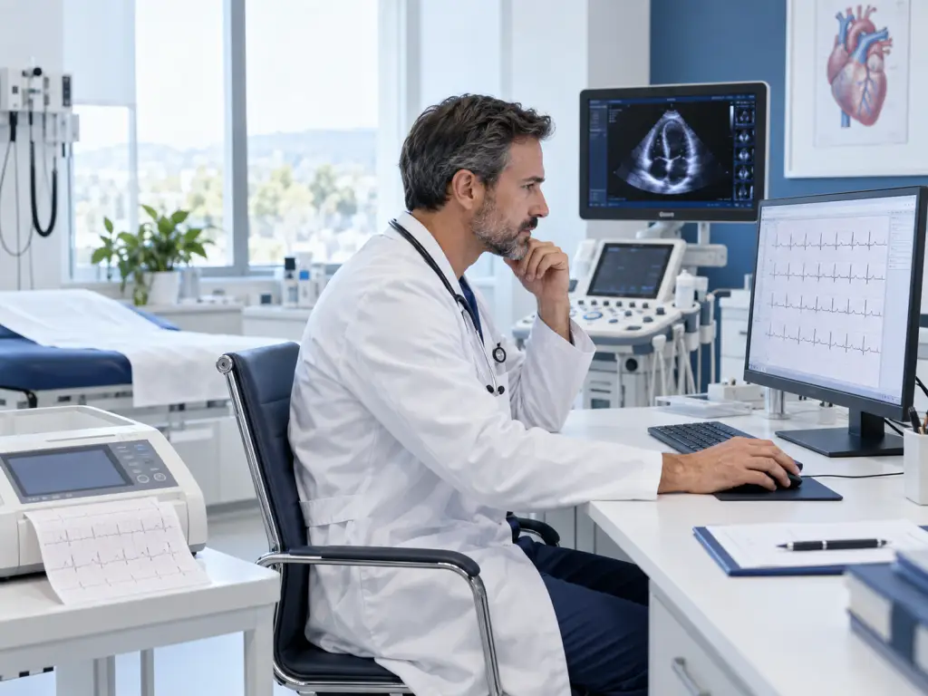 Cardiólogo revisando un electrocardiograma y un ecocardiograma