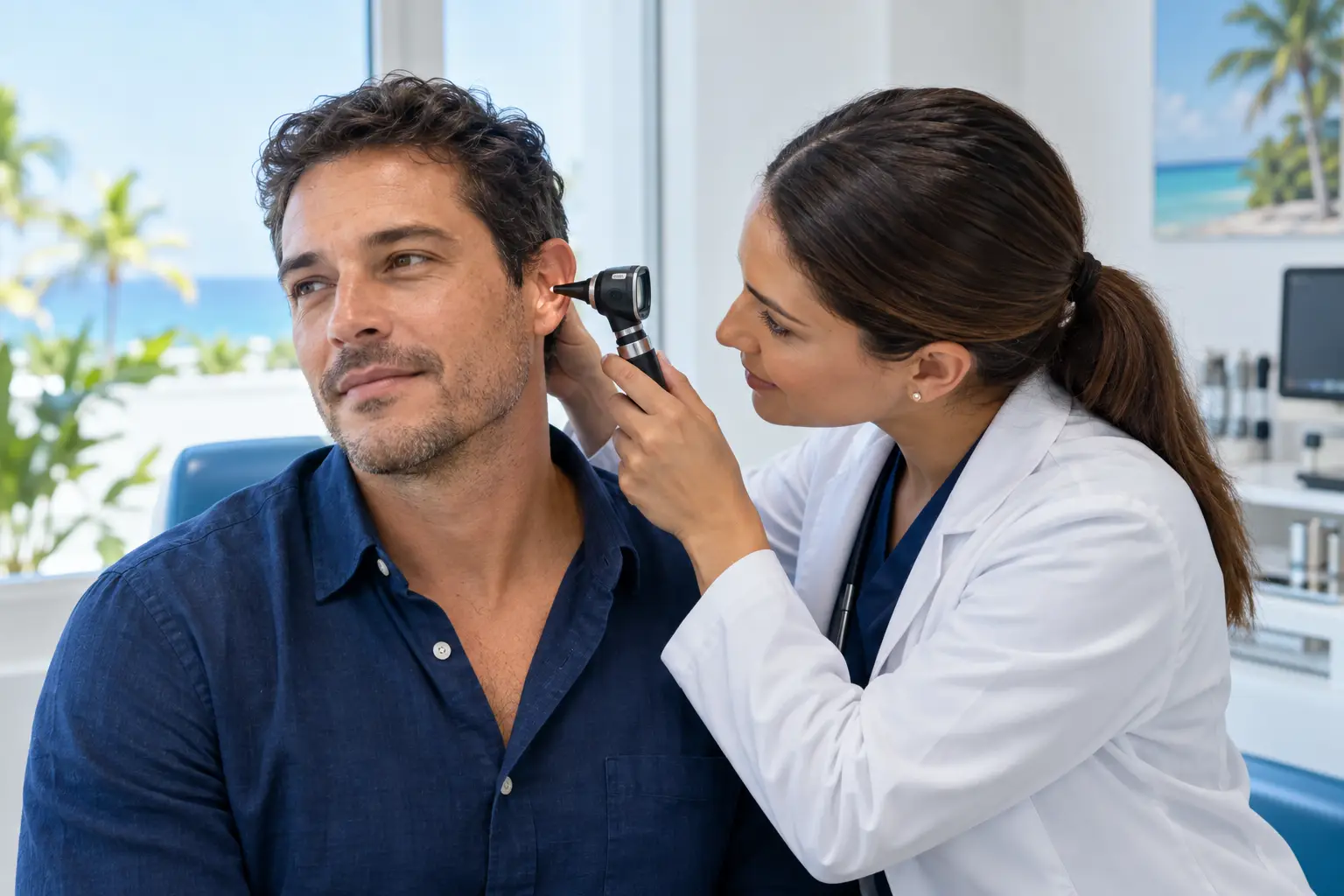 Médica examina el oído de una paciente adulta con otitis externa