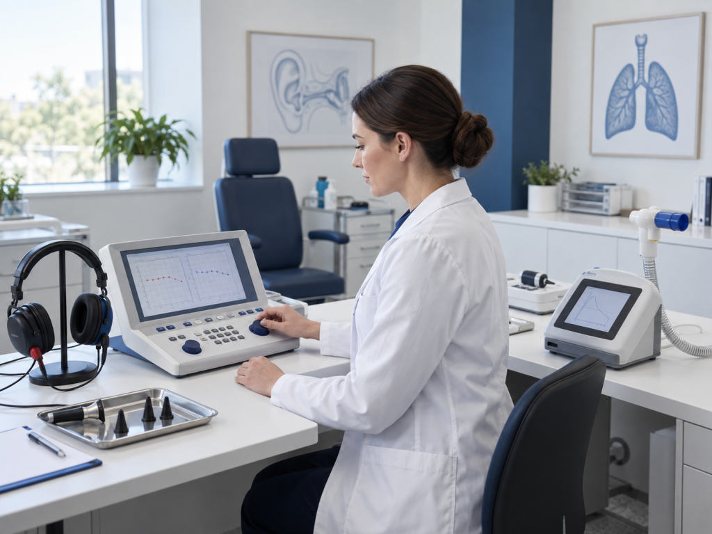 Especialista preparando equipos de audiometría y espirometría