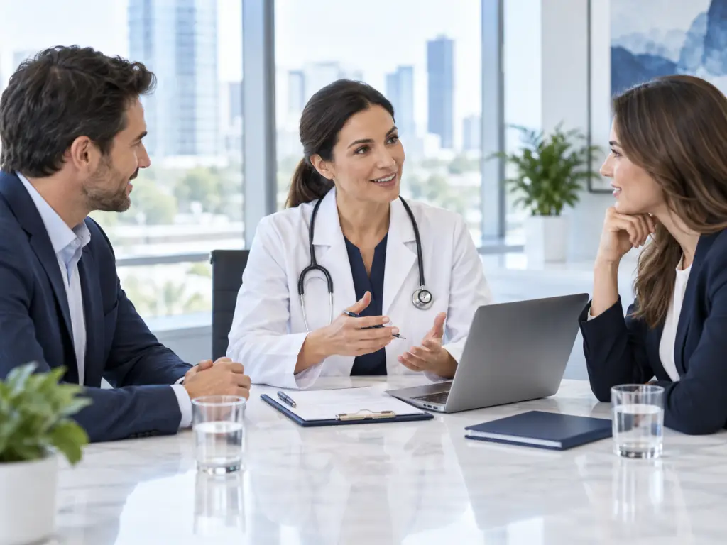 Médica en consulta preventiva con representantes de una empresa