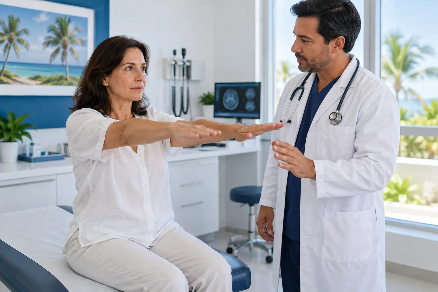 Médica evalúa a una paciente con síntomas de vértigo en consulta